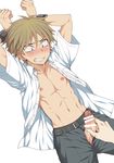  1boy abs blush erection handjob kanbayashi_takaki lying male_focus penis restrained solo_focus student 