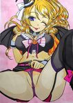 10s 1girl ayase_eli blonde_hair blue_eyes blush breasts costume halloween halloween_costume hat large_breasts long_hair looking_at_viewer love_live! love_live!_school_idol_project navel one_eye_closed panties panty_pull partially_visible_vulva ponytail sekiguchi_aru smile solo tongue tongue_out underwear wings wink 