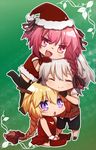  2boys :d ahoge astolfo_(fate) bangs bikini black_legwear black_ribbon blonde_hair blush braid breasts chibi christmas christmas_tree christmas_tree_costume cleavage_cutout closed closed_eyes dress eyebrows_visible_through_hair fang fate/apocrypha fate_(series) from_side fur_trim garter_straps gloves hair_ornament hair_ribbon hat horn jeanne_d'arc_(fate) jeanne_d'arc_(fate)_(all) long_braid long_hair looking_at_another looking_at_viewer medium_breasts midriff multicolored_hair multiple_boys open_mouth otoko_no_ko pink_eyes pink_hair purple_eyes red_bikini red_dress red_gloves red_legwear red_ribbon red_shirt ribbon santa_costume santa_gloves santa_hat shirt shoes short_hair short_sleeves shorts sieg_(fate/apocrypha) silver_hair single_braid skirt smile swimsuit thighhighs thighhighs_under_boots tusia two-tone_hair very_long_hair 
