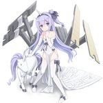  animal azur_lane bangs bare_shoulders black_ribbon blush closed_mouth collarbone commentary_request dress elbow_gloves eyebrows_visible_through_hair full_body gloves hair_bun hair_ribbon head_tilt highres horn kimagure_blue legs_apart long_hair looking_at_viewer machinery one_side_up pelvic_curtain purple_eyes purple_hair ribbon shoes side_bun simple_background smile solo standing strapless strapless_dress thighhighs unicorn unicorn_(azur_lane) very_long_hair white_background white_dress white_footwear white_gloves white_legwear 