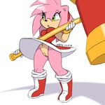  2017 amy_rose beige_skin bottomless breasts clothed clothing eyelashes female footwear green_eyes hair hammer hedgehog holding_object mammal midriff navel pink_hair pink_skin pussy shoes signature simple_background solo sonic_(series) standing tools upskirt white_background xylas 