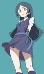  aqua_background arms_behind_back ass_visible_through_thighs barbara_parker black_hair blue_sash dress grey_eyes haruyama_kazunori legs little_witch_academia long_hair looking_at_viewer luna_nova_school_uniform partially_visible_vulva pinafore_dress purple_skirt school_uniform sidelocks simple_background skirt socks solo standing thighs wand 