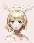  angel birthday blonde_hair blue_eyes blush choker dated halo highres looking_at_viewer misty_sheikh pointy_ears pop-up_story short_hair signature smile solo umino_kiri yellow_choker 