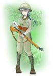  absurdres ammunition army black_hair boots commentary_request forest gun hawasabi346 helmet highres leg_wrap military military_uniform nature one_eye_closed original ponytail rifle soldier solo star tree type_38_rifle uniform weapon world_war_ii 