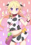  animal_ears animal_print bag bell bell_collar belt between_breasts blonde_hair breasts candy collar commentary_request cow_ears cow_girl cow_horns cow_print cowboy_shot extra_ears eyebrows_visible_through_hair food grin highres horns lollipop long_hair looking_at_viewer low_twintails magia_record:_mahou_shoujo_madoka_magica_gaiden mahou_shoujo_madoka_magica midriff miniskirt mitsuki_felicia navel print_shirt print_skirt puffy_short_sleeves puffy_sleeves purple_eyes shirt short_sleeves skirt smile solo strap_cleavage swirl_lollipop tam-u twintails wristband 