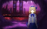  aihashi_i alice_margatroid alice_margatroid_(pc-98) arms_at_sides bad_id bad_pixiv_id bangs blonde_hair blue_hairband blue_neckwear blue_skirt blush building cave city_lights cityscape hair_between_eyes hair_ornament hairband long_sleeves looking_at_viewer makai_(touhou) ocean purple_sky ribbon scenery shirt short_hair skirt skyscraper smile stalactite stalagmite standing suspender_skirt suspenders touhou touhou_(pc-98) water yellow_eyes 