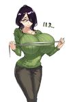  +_+ 1girl black_hair breasts dress glasses green_dress green_sweater highres huge_breasts jeans long_hair looking_at_viewer measuring muneneko original red_eyes simple_background solo striped_dress suika_(muneneko) tape_measure wide_hips 