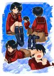 &gt;_&lt; ass belt black_eyes black_hair blush boots cross-laced_footwear hand_in_hair highres kantai_collection kneehighs lace-up_boots looking_at_viewer lying midriff mogami_(kantai_collection) on_stomach school_uniform serafuku short_hair shorts smile the_pose tomboy yugami_gooshu 