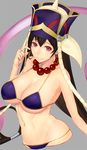  beads bikini black_hair blue_bikini blush breasts cleavage closed_mouth commentary_request earrings fate/grand_order fate_(series) hat hoop_earrings jewelry large_breasts long_hair looking_at_viewer minami_koyogi navel prayer_beads purple_eyes solo stomach swimsuit upper_body xuanzang_(fate/grand_order) 