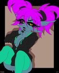  absord_res amber_eyes black_lips breasts cleavage clothed clothing fangs female hair hi_res hoodie horn imp iqua_kicks makeup not_furry pigtails purple_hair simple_background sitting solo vrabo 
