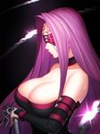  bare_shoulders black_choker blindfold breasts choker chromatic_aberration closed_mouth commentary_request detached_sleeves facial_mark fate/stay_night fate_(series) forehead_mark large_breasts long_hair minami_koyogi nameless_dagger profile purple_hair rider solo upper_body 