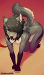  2017 all_fours anthro arched_back black_fur black_hair black_nose blush canine collar cute fur girly grey_fur hair kneeling leash looking_at_viewer looking_up male mammal nipples nude piercing r00ster raised_tail rengeki simple_background solo submissive submissive_male white_fur wide_hips wolf 