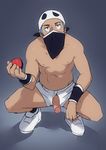  1boy blue_eyes blue_hair full_body hat looking_at_viewer male_focus mask mugheyart penis pokemon shoes sneakers solo squatting 