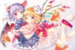 2girls :o ;) air_bubble alternate_costume bat_wings blonde_hair blue_kimono blurry bow bubble candy_apple closed_mouth cotton_candy crystal depth_of_field fish flandre_scarlet floral_print flower food fox_mask frills from_side fruit glomp goldfish hair_flower hair_ornament holding holding_food hug japanese_clothes kimono kimono_skirt knee_blush long_sleeves looking_at_viewer mask mask_on_head mimi_(mimi_puru) multiple_girls no_hat no_headwear obi one_eye_closed one_side_up open_mouth petticoat pink_kimono platform_footwear pointy_ears purple_hair red_bow red_eyes remilia_scarlet sandals sash shaved_ice short_hair short_kimono siblings sisters smile touhou watermelon white_background wide_sleeves wings 