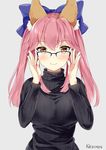  absurdres animal_ears artist_name bespectacled blush bow breasts brown_eyes closed_mouth eyebrows_visible_through_hair fate/extra fate_(series) fox_ears glasses hair_bow highres kaetzchen large_breasts long_hair long_sleeves over-rim_eyewear pink_hair ribbed_sweater semi-rimless_eyewear sidelocks simple_background smile solo sweater tamamo_(fate)_(all) tamamo_no_mae_(fate) turtleneck turtleneck_sweater twintails yellow_eyes 