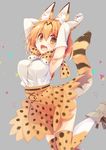  :d animal_ears armpits arms_up bangs blush breasts commentary cowboy_shot elbow_gloves fang gloves high-waist_skirt highres kemono_friends large_breasts looking_at_viewer mao_(alepricos) medium_skirt multicolored multicolored_clothes multicolored_legwear open_mouth print_gloves print_legwear print_neckwear print_skirt serval_(kemono_friends) serval_ears serval_print serval_tail shirt short_hair skirt sleeveless sleeveless_shirt smile solo striped_tail tail thighhighs 