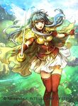 aqua_hair armor bangs blue_eyes boots breastplate cape cloud commentary_request company_name copyright_name day eirika fingerless_gloves fire_emblem fire_emblem:_seima_no_kouseki fire_emblem_cipher gloves grass holding holding_sword holding_weapon looking_at_viewer mountain official_art open_mouth outdoors shiny shirt short_sleeves sidelocks skirt sky solo sword thigh_boots thighhighs wada_sachiko weapon zettai_ryouiki 