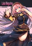  :d armband bit_(keikou_syrup) black_legwear black_skirt black_vest blue_eyes blush breasts commentary_request covered_navel cowboy_shot detached_sleeves headset highres large_breasts long_hair long_skirt looking_at_viewer megurine_luka open_mouth pink_hair side_slit skirt smile solo thighhighs undershirt very_long_hair vest vocaloid 