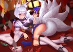  animal_ears azur_lane bangs black_choker blue_eyes blunt_bangs blush breasts choker cleavage commentary_request fox_ears fox_mask fox_tail japanese_clothes kaga_(azur_lane) large_breasts looking_at_viewer mask multiple_tails parted_lips ryuinu shikigami short_hair smile solo tail white_hair wide_sleeves 
