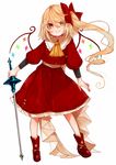  ascot bad_id bad_twitter_id boots bow closed_mouth commentary_request flandre_scarlet full_body gotoh510 hair_between_eyes hair_bow highres holding holding_weapon long_hair looking_at_viewer nail_polish puffy_sleeves rapier red_bow red_footwear red_nails red_skirt side_ponytail simple_background skirt smile solo standing sword touhou weapon white_background wings 
