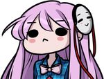  :&gt; :&lt; bow bowtie chibi commentary hata_no_kokoro long_hair lowres mask mask_on_head noh_mask pink_hair plaid plaid_shirt shirt solid_circle_eyes solo speckticuls touhou transparent_background 