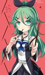  blue_eyes blue_neckwear choker collarbone commentary_request detached_sleeves food giving green_hair hair_between_eyes hair_ornament hair_ribbon hairclip hebitsukai-san highres holding kantai_collection long_hair looking_at_viewer pleated_skirt pocky pocky_day red_background ribbon school_uniform serafuku simple_background skirt solo translated white_choker yamakaze_(kantai_collection) 