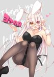  adjusting_eyewear animal_ears bangs bare_shoulders black_legwear black_leotard blush breasts brown-framed_eyewear brown_eyes bunny_ears bunny_girl bunny_tail bunnysuit collarbone commentary_request fang glasses hair_ornament heart heart_hair_ornament heterochromia highres large_breasts leotard long_hair looking_at_viewer mao_(alepricos) open_mouth original pantyhose pink_eyes pink_hair pointy_ears solo tail tray very_long_hair wrist_cuffs 