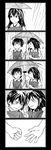  4koma :o akagi_(kantai_collection) black_border blush border closed_mouth comic eye_contact frown furoshiki greyscale highres holding holding_umbrella japanese_clothes kaga_(kantai_collection) kantai_collection kimono kodama_(chonks) long_hair looking_at_another monochrome open_mouth rain rock_paper_scissors shared_umbrella side_ponytail tasuki trembling umbrella younger 