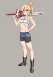  :| androgynous bandeau bare_shoulders belt bike_shorts bike_shorts_under_shorts blonde_hair boots brown_footwear bulge closed_mouth collarbone covered_nipples cutoffs denim denim_shorts eyelashes fate/apocrypha fate_(series) full_body genderswap genderswap_(ftm) glint grey_background hand_on_hip high_ponytail holding holding_sword holding_weapon jewelry looking_at_viewer male_focus midriff mikoyan mordred_(fate) mordred_(fate)_(all) navel necklace nipples over_shoulder pendant ponytail serious short_shorts shorts simple_background solo spaghetti_strap sword sword_over_shoulder toned toned_male v-shaped_eyebrows weapon weapon_over_shoulder wristband 