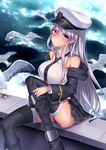  ass azur_lane bare_shoulders bird black_coat black_legwear black_neckwear black_panties black_skirt breasts closed_mouth cloud cloudy_sky collarbone collared_shirt commentary_request enterprise_(azur_lane) eyebrows_visible_through_hair flying hair_between_eyes hat large_breasts leg_up long_hair looking_at_viewer miniskirt necktie off_shoulder panties peaked_cap pleated_skirt purple_eyes ryuinu shirt sidelocks silver_hair sitting skirt sky sleeveless sleeveless_shirt smile solo thighhighs underwear very_long_hair white_shirt wing_collar 