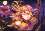  :d arm_up armpits bit_(keikou_syrup) black_gloves blush boots breasts broom cleavage commentary_request dress elbow_gloves from_side full_moon gloves halloween halloween_costume hat hat_removed headwear_removed large_breasts long_hair looking_at_viewer looking_to_the_side megurine_luka moon night open_mouth pink_hair silver_eyes smile solo thigh_boots thighhighs very_long_hair vocaloid witch witch_hat 
