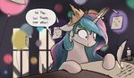  2017 candle crown digital_media_(artwork) ears_back equine feathers female feral friendship_is_magic hair horn insane loose_feather mammal multicolored_hair my_little_pony noctilucent-arts pink_eyes princess_celestia_(mlp) quill smile solo speech_bubble text tiara unicorn writing_text 