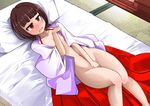  1girl bangs bed blunt_bangs blush braid breasts brown_eyes brown_hair clothes_removed covering covering_crotch embarrassed eruichi_(redphantom) female hakama japanese_clothes kimono long_hair lying mattress nipples on_back open_clothes open_mouth original pillow small_breasts solo tatami tears twin_braids twintails 