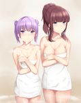  2girls bare_shoulders blue_eyes blush breasts brown_hair cleavage long_hair medium_breasts mengo multiple_girls naked_towel new_game! purple_eyes purple_hair standing suzukaze_aoba takimoto_hifumi towel 