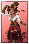  anthro blue_eyes bow breasts brown_fur brown_hair canine clothing dog female fluffy fur hair hat leather mammal noelleneko one_eye_closed peace_(disambiguation) ribbons skirt smile solo steampunk wink 
