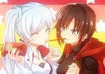  cape closed_eyes commentary_request food imminent_kiss kaogei_moai multiple_girls pocky pocky_day pocky_kiss ruby_rose rwby scar scar_across_eye shared_food weiss_schnee yuri 