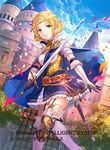  belt blonde_hair blue_eyes breasts cape castle circlet commentary company_connection copyright_name day elbow_gloves fire_emblem fire_emblem_cipher fire_emblem_musou fuji_choko garter_straps gloves holding holding_sword holding_weapon jewelry lian_(fire_emblem) loose_belt medium_breasts official_art outdoors petals short_hair short_sleeves skirt sky solo sword thighhighs weapon zettai_ryouiki 