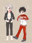  black_hair blue_eyes brown_eyes cosplay costume_switch hair_over_one_eye jacket katsuki_yuuri male_focus multiple_boys ruei_(chicking) silver_hair track_jacket translation_request viktor_nikiforov yuri!!!_on_ice 