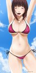  absurdres arms_up artist_name ass_visible_through_thighs bikini breasts brown_hair closed_eyes colorized day gaston18 hantsu_x_trash highres kobayashi_hiyoko large_breasts miyoshi_manami navel open_mouth outdoors pink_lips purple_bikini short_hair side-tie_bikini sky smile solo swimsuit 