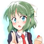  alternate_hair_color bad_id bad_pixiv_id bow commentary crepe food food_on_face fruit green_hair hair_bow kohinata_miku looking_at_viewer lydian_academy_uniform necktie open_mouth pointing red_neckwear senki_zesshou_symphogear solo strawberry white_bow yamabuki_hiiro 