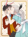  alice_(wonderland) alice_(wonderland)_(cosplay) alice_in_wonderland animal_ears apron black_hair blue_eyes blush brown_eyes bunny_boy bunny_ears cosplay crossdressing dress extra_ears katsuki_yuuri kiss male_focus monocle multiple_boys pocket_watch ponytail ruei_(chicking) silver_hair viktor_nikiforov watch white_rabbit white_rabbit_(cosplay) yaoi yuri!!!_on_ice 