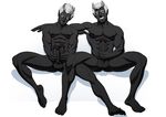  2boys abs barefoot black_skin brothers demon erection family full_body grin horns male_focus multiple_boys muscle naughty_face nude penis penis_grab presenting siblings silver_hair siting sitting 