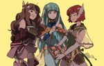  bare_shoulders blue_hair blush brown_hair cape dress elbow_gloves fire_emblem fire_emblem:_kakusei fire_emblem:_rekka_no_ken fire_emblem_heroes gloves green_eyes hair_ornament long_hair mamkute multiple_girls ninian open_mouth priscilla_(fire_emblem) red_eyes red_hair short_hair smile staff sumia 