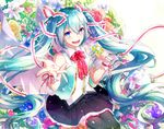  :d black_legwear black_skirt blue_eyes blue_hair flower gari_(apollonica) hair_ribbon hatsune_miku highres long_hair looking_at_viewer open_mouth pink_ribbon ribbon rose sitting skirt sleeveless smile solo thighhighs twintails very_long_hair vocaloid wrist_cuffs zettai_ryouiki 