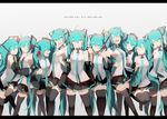 ^_^ anniversary aqua_eyes aqua_hair bare_arms black_legwear blush character_name closed_eyes commentary_request detached_sleeves hatsune_miku highres jumping letterboxed long_hair miniskirt multiple_girls multiple_persona necktie one_eye_closed saihate_(d3) skirt smile standing standing_on_one_leg thighhighs twintails very_long_hair vocaloid white_background zettai_ryouiki 