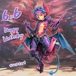  abs armor blue_hair commentary_request dated demon_boy demon_horns demon_tail fang fingernails full_body geetgeet grin happy_birthday horns looking_at_viewer male_focus open_clothes pop-up_story red_eyes smile solo tail ziz_glover 