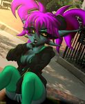  absord_res amber_eyes black_lips breasts cleavage clothed clothing fangs female hair hi_res hoodie horn imp iqua_kicks legwear makeup not_furry pigtails purple_hair simple_background sitting solo stockings vrabo 