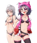  ahoge animal_hood belt bikini black_bikini black_legwear breasts brown_eyes cat_hood cowboy_shot cross eyepatch fang front-tie_top grey_eyes hayasaka_mirei highres hood hoodie hoshi_shouko idolmaster idolmaster_cinderella_girls jacket jewelry kyouki_no_d-kun long_hair looking_at_viewer lowleg lowleg_bikini multicolored_hair multiple_girls navel necklace open_mouth parted_lips purple_hair red_hair short_hair silver_hair simple_background small_breasts swimsuit thighhighs white_background white_jacket 