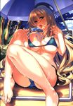  absurdres atago_(kantai_collection) bangs bare_shoulders barefoot beach_umbrella beret bikini blonde_hair blue_eyes blush breasts collarbone covered_nipples day eyebrows_visible_through_hair feet food hat highres huge_filesize kantai_collection large_breasts long_hair non-web_source open_mouth outdoors palm_tree piromizu popsicle scan sitting solo swimsuit tongue tongue_out tree umbrella wet 