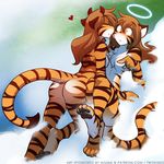  &lt;3 2017 angel anthro blush breasts butt chest_tuft cloud demon digitigrade duo embarrassed eyes_closed featureless_breasts feline female female/female flora_(twokinds) fur halo hi_res horn keidran licking licking_face lying mammal multicolored_fur nervous nude on_back on_top one_leg_up orange_fur pawpads selfcest smile square_crossover striped_fur stripes sweat tiger tom_fischbach tongue tongue_out tuft twokinds webcomic white_fur 